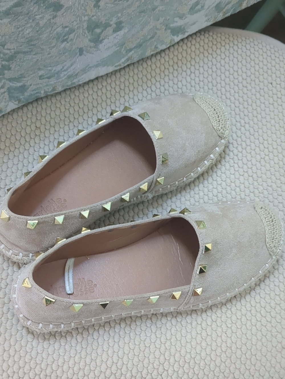 Studded Suede Espadrille Flats in Beige